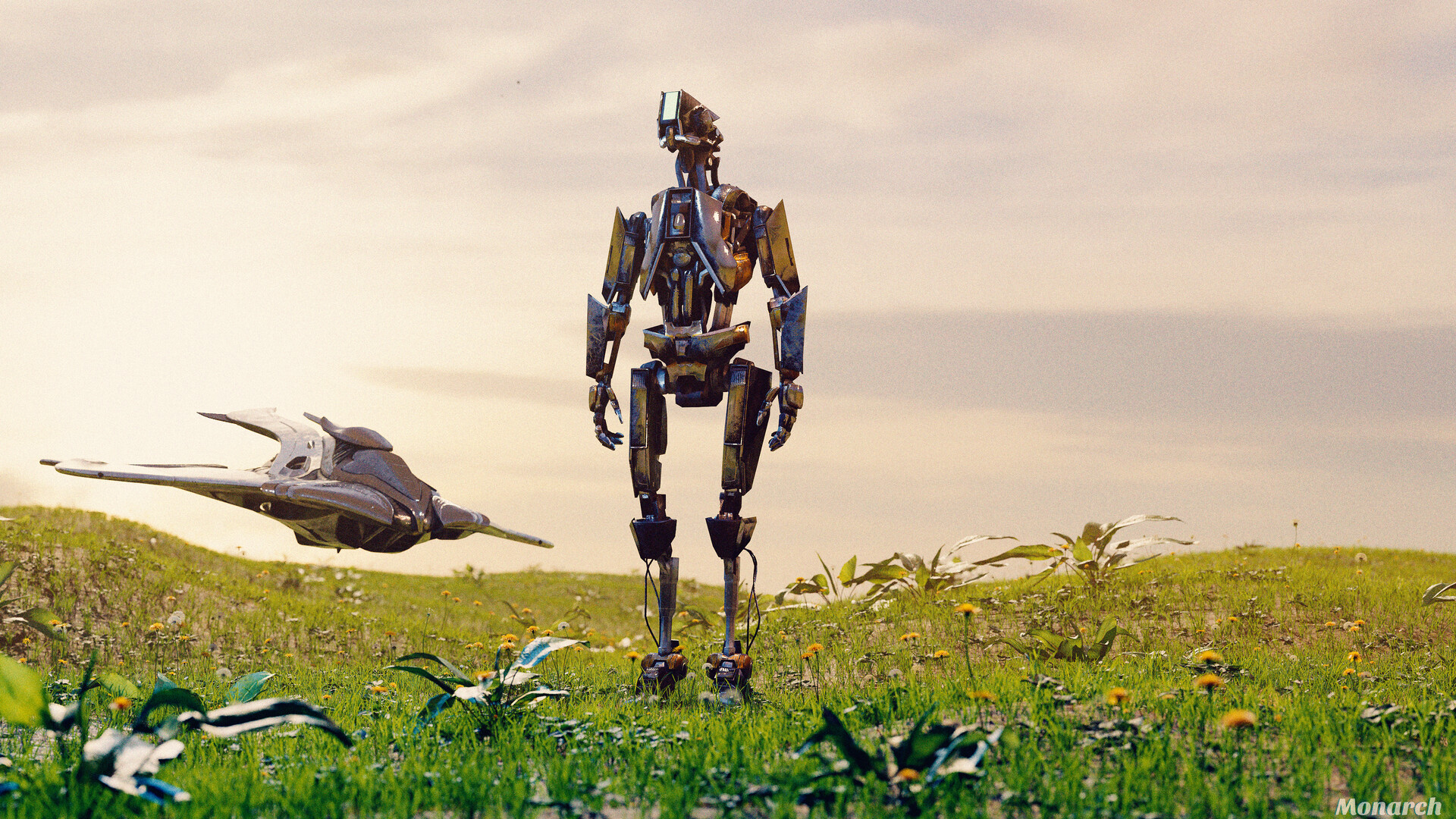 Robotic explorer standing in a sunlit field with a spaceship behind.